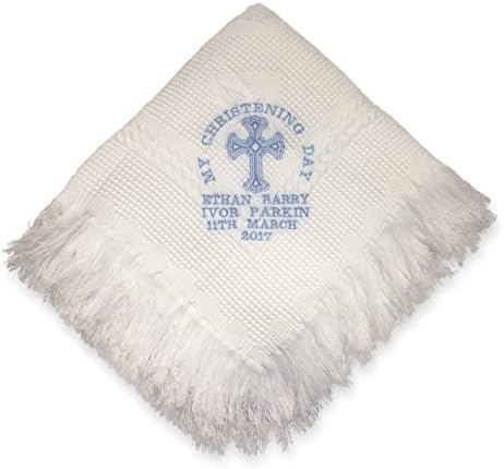 Giftsabc Christening/baptism personalised shawl with ornate cross in white or cream