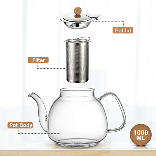 SULIVES Glass Teapot (1000ml) with Removable Stainless Steel Infuser & Lid,Glass Tea Kettle Stovetop Safe, Blooming & Loose Leaf Teapots