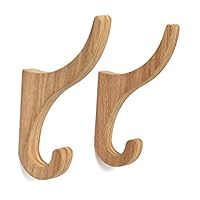 Set of 2 Oak Wood Mounted Single Wall Hooks for Storage Organisation in Scandi Style (Oak)