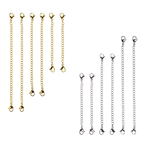 D-buy 12 Pcs Necklace Extenders, Stainless Steel Chain Extender for Necklace, Bracelet Extender, Extender Chain Set, 3 Different Length, 2 inch 3 inch 4 inch (6 Gold, 6 Silver)