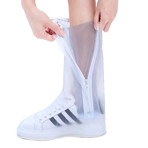 Soumit Reusable Double Sealed Dust-proof Windproof Wear-resistant Zippered Closure Protection Flat Shoes White High Covers for Rainy Day XXL (31.5cm)