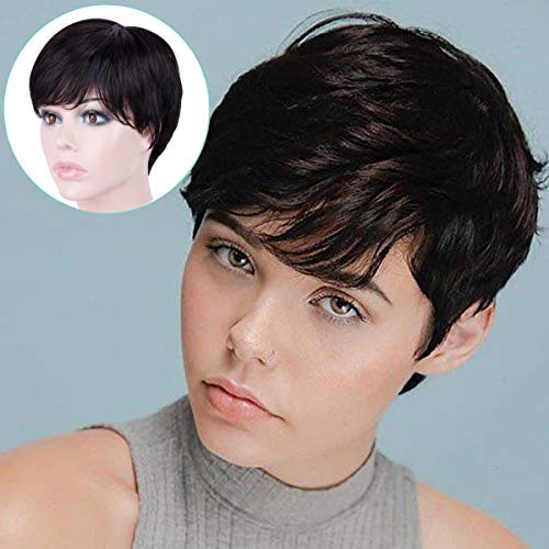 Becus Short Black Wigs for Women Brazilian Human Hair Layered Black Wig with Fringe Bangs Pixie Human Hair Daily Use (Natural Black#1B)