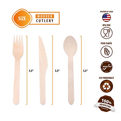 Biodegradable Disposable Wooden Cutlery Utensils - (Pack of 330) 110 Forks 110 Knives 110 Spoons 5.5-inch Set Eco-Friendly Compostable Silverware Kit Party Supplies Events