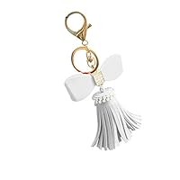 LBgrandspec Fashion Rhinestones Bowknot Tassel Car Key Ring Keychain Bag Ornament Pendant Diamond PU Leather Fringed Bow Keychain - White