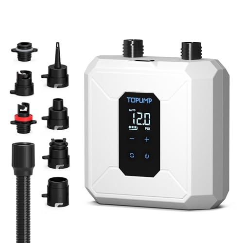 TOPUMP Electric Paddle Board Pump Portable, 20PSI Cordless Rechargeable SUP Pump with Auto-Off, Fast Dual-Stage Inflation & Deflation, 7 Nozzles for Kayaks, Boats, Tents