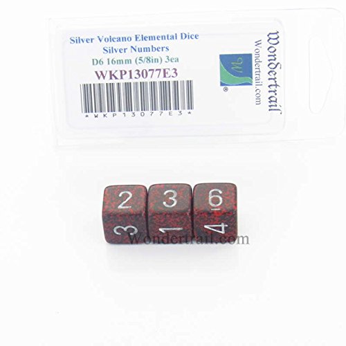 Silver Volcano Elemental Dice Silver Numbers D6 16mm Pack of 3 Wondertrail WKP13077E3