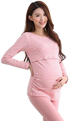 Epmami Women's 2 In 1 Maternity Nursing Pajamas Striped Cardigan/Breastfeeding Top/Sleep Pant Pink Medium