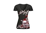 Lethal Threat (LT20288L) Women's Lethal Angel Floral Skull V-Neck T-Shirt (Black/Red, Large)