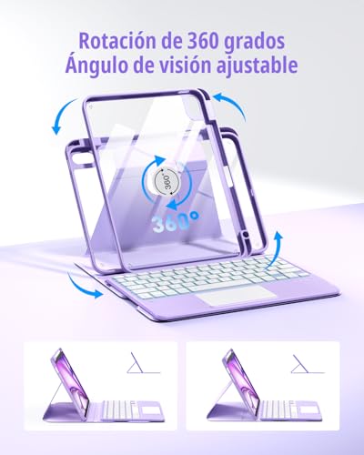 CACOE 360° Rotating Keyboard Case for iPad Air 8/7 Generation 2026/2025 M4/M3 11 Inch Air 6/5/4 with Touch Panel, 7 Color Backlight, Removable Wireless Keyboard, Purple