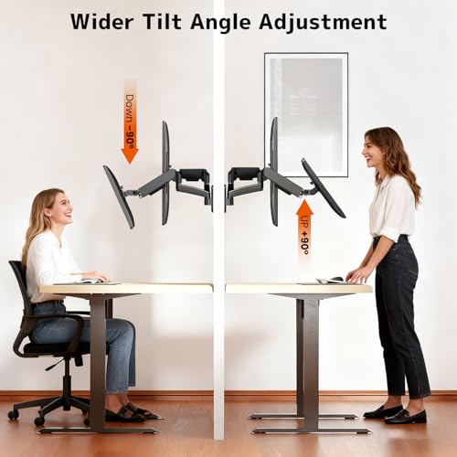 PUTORSEN Dual Monitor Wall Mount for 17-32 inch Flat/Curved Computer Screens, Full Motion Wall Monitor Mount with VESA 75x75/100x100 mm, Each Holds Up to 19.8lbs, Black