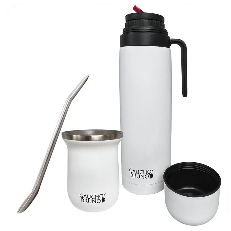 Gaucho Bruno - Stainless Steel Industrial Kit for Drinking Yerba Mate, Bombilla Straw and 1 Litre Easy to Clean | Comfortable to Hold | Warm for Longer, White — image 1