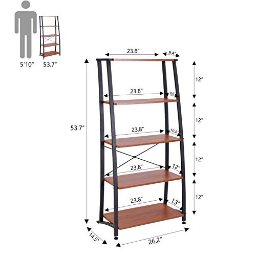 FIVEGIVEN 5 Tier Book Shelf Ladder Bookshelf Leaning Modern Wood Display Office Shelf Sonoma Cherry - Thumbnail 5