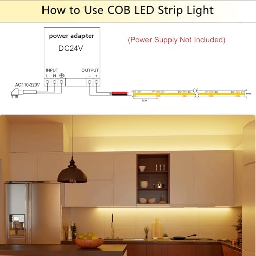 SIRYYUI COB Waterproof LED Strip Light IP65 10M,2700K Warm White,384LEDs/M High Density 24V Dotless Tape Light,CRI90+,Self-Adhesive Strip Lights Perfectly Bathroom,Kitchens Decor (No Power Supply)