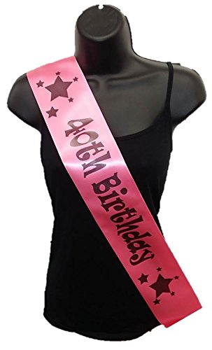 Cards Galore Online Hot Pink Happy 40th Birthday Party Satin Ribbon Sash - Age 40 Black Stars