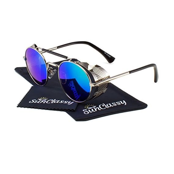 Sunclassy-Metal-Frame-Side-Shield-Oval-52mm-Hipster-Round-Sunglasses-Vintage-Retro-Steampunk-Gothic-Gunmetal-Blue