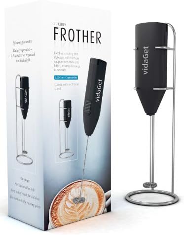 Milk Frother - Black Handheld Café Latte and Cappucinno Frother with Metal Stand