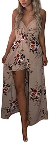 Kbook Women's V-Neck Floral Print Split Beach Party Chiffon Maxi Romper Jumpsuit Dress