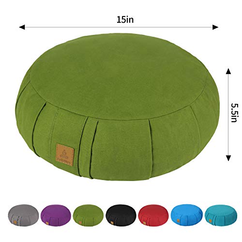 FelizMax Round Zafu Meditation Cushion, Zabuton Meditation Pillow, Yoga Bolster/Pillow, Floor seat, Zippered Organic Cotton Cover, Natural Buckwheat, Kneeling Pillow – Green and Large Size