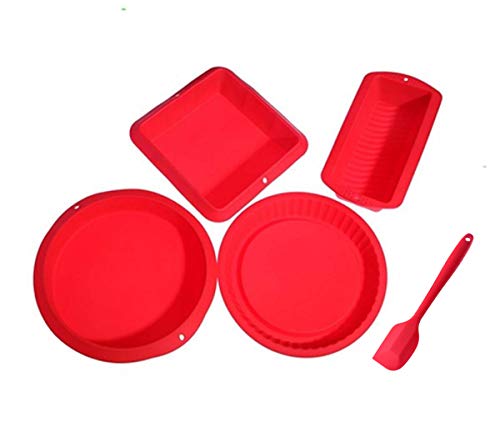 SmartKitch 5 Piece Silicone Bakeware Set - Nonstick Silicone Bakeware Set with Round and Square Pans, Pie Pan, Loaf Pan, Spatulas - Red, Sizes: 10.5", 9.5", 10"