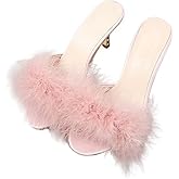 YIBLBOX Women's Round Toe Sandal Fluffy Feather Sexy Slippers Kitten Heeled Slippers