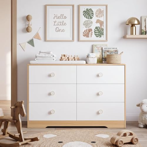 BERRY NEST Upgrade White Wood Dresser for Bedroom, 6 Drawer Dressers with Solid Wood Legs, Baby Dresser for Kids, Storage for Clothes and Baby Essentials