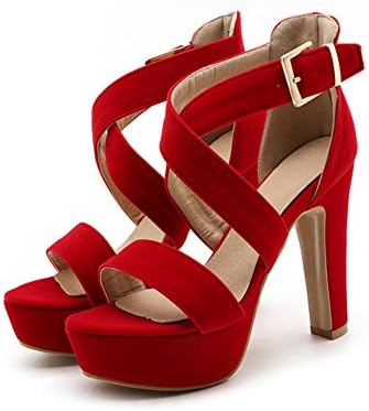 Tauen Women's High Heel Ankle Strap Fashion Suede Summer Sandals Red 37 6.5 D(M) US