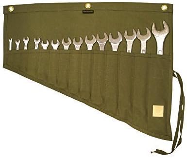 Asian Treasures/Bull Tools 14 Pocket | Hand Crafted | H.W.100% Dyed Cotton | 15 Oz. Duck Canvas | Garage Ready | Metric or SAE | Wrench and Tools Bag Organizer Roll Up Pouch | Dyed Olive Drab |