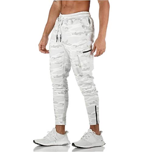 Heren Workout Sport Broek, Atletische Running Jogger Track Broek Casual Joggingbroek met Rits Zakken Wit Camouflage 3XL - Image 4