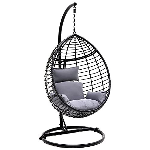 SereneLife Hanging Egg Chair with Stand - Indoor Outdoor Patio Wicker Rattan Lo…