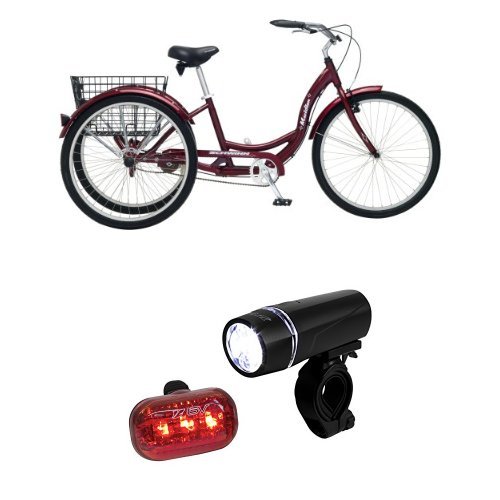 Schwinn Meridian Adult 26-Inch 3-Wheel Bike (Black Cherry) and BV Bicycle Light Set Super Bright 5 LED Headlight, 3 LED…