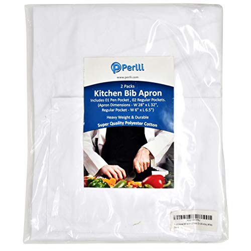 Perlli 2 Pack Adjustable Bib Apron Water Resistant Heavy Duty Professional White Chef Waitress Server Aprons for Kitchen Cooking Restaurant Bar Dishwashing BBQ with 3 Pockets Unisex for Women Men - Thumbnail 5