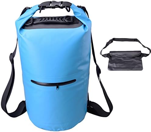 Aojiao Waterproof Dry Bag with Zipper Pocket and Handle Roll Top Closure Shoulder Strap Premium Large Capacity Waist Pouch for Kayaking Beach Rafting Boating Hiking Camping and Fishing(20L Blue)