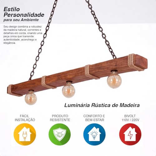Lustre de Teto Luminária Pendente Caibro Madeira Rústica e Sisal - 3 Bocais E-27 (90cm) Bivolt - Área Gourmet e Churrasqueira - Corrente Anti-Ferrugem