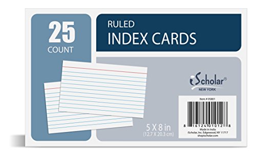 iScholar Jumbo Index Cards, Ruled, 5 x 8-Inches, White (25 Cards per Pack) (05801)