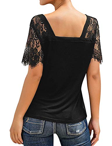 MYMORE Women\'s Black Lace Patchwork Blouse Top Summer V Neck Elegant Short Sleeve T Shirts for Women