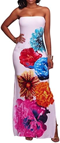 Women's Casual Sexy Floral Print Bandeau Off Shoudler Beach Party Long Maxi Dress