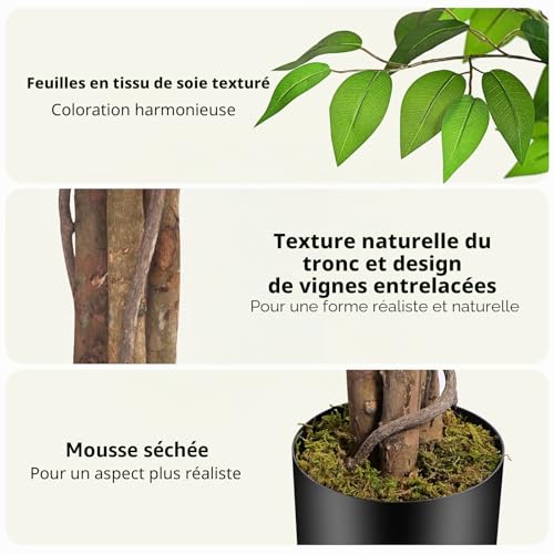 Keeplush Artificial Ficus Plants 210 cm High with Natural Wood Trunk, Artificial Tree with 1760 Leaves, Artificial Indoor for Living Room, Bedroom Decoration