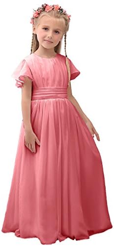 MicBriadl Flower girl Ruffles Sleeve Pleat Kid Ceremony Pageant Dress Coral Age12
