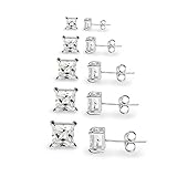 River Island Jewelry –“5 Pairs” Sterling Silver Square CZ Stone Cubic Zirconia Stud Earrings 3mm, 4mm, 5mm, 6mm