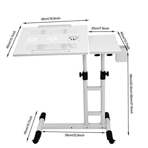 360° Rolling Portable Laptop Table Mobile Desk, Adjustable Height Work Cart Computer Desk Stand Over Sofa Bed Table w/ USB Fan & Pen Container(22.8-37.8'') - Thumbnail 4
