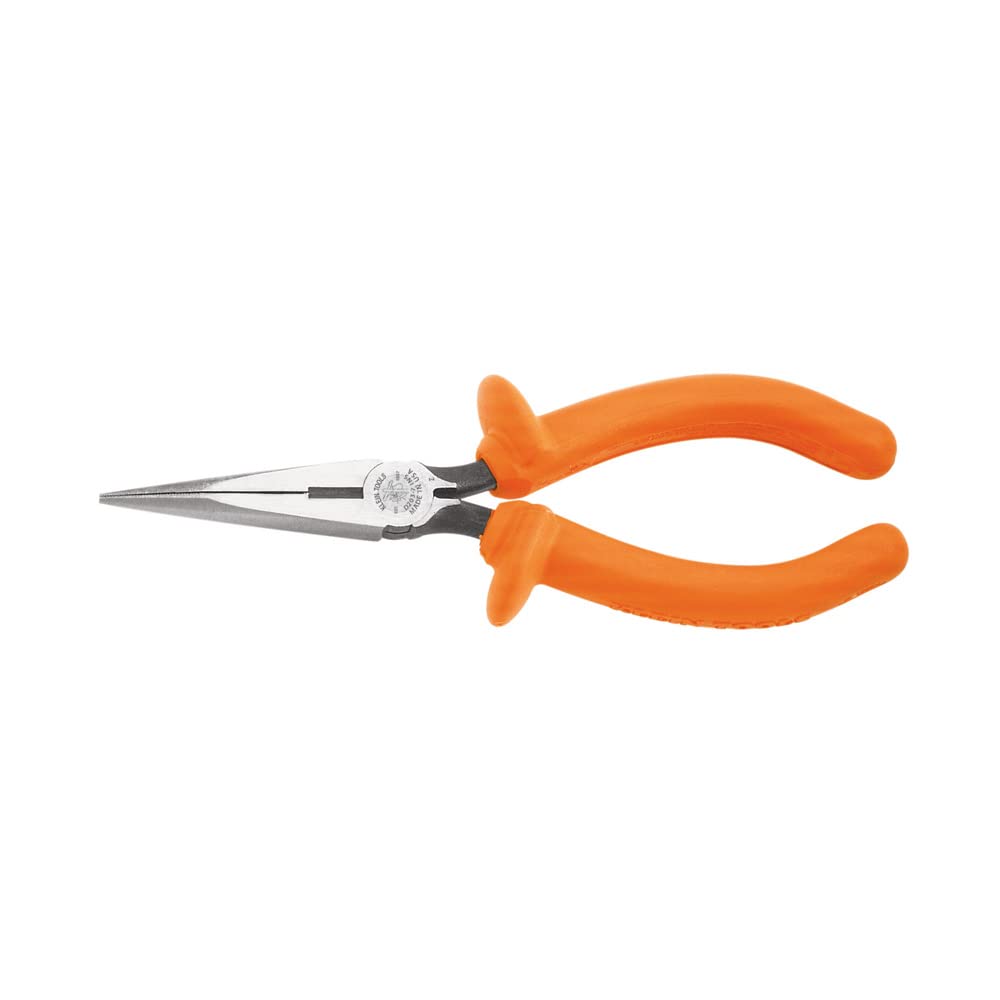 Klein Tools D203-7-INS Insulated Long Nose Side-Cutter Pliers, Curved Handles Covered in Dual Layer Insulation with Hand Guards, 7-Inch