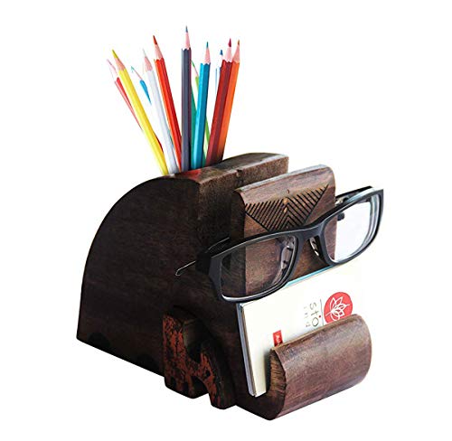 storeindya Elephant Pen Holder Wooden Pen Pencil Stand Phone Holder – Spectacle Holder Wooden Specs Stand – Desk Stationery Organizer Eyeglass Holder Office Desk for Mother's Day