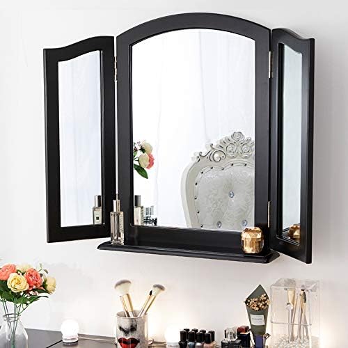 Chende Large Tri-fold Vanity Mirror with Detachable Base, 3 Ways Hollywood Makeup Mirror for Vanity Table Set, Black Wood Table Countertop or Wall Mounted (32.67" X 23.62")