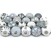 ATCUSA Indian Handmade Assorted Grey Ceramic Door Knobs and Pulls | Kitchen Cabinet Knobs for Dresser Drawers | Drawer Pulls | Almirah knobs | Vanity knobs | Grey &amp; White Painted knobs (20)
