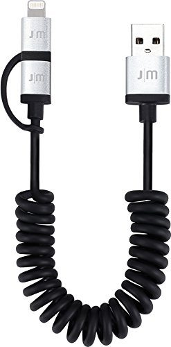 Just Mobile AluCable Duo Twist Coiled Utility Cable with 2.4A High Speed Aluminum Lightning Connector for iPhones, iPads, and iPods, Black/Silver (DC-189)