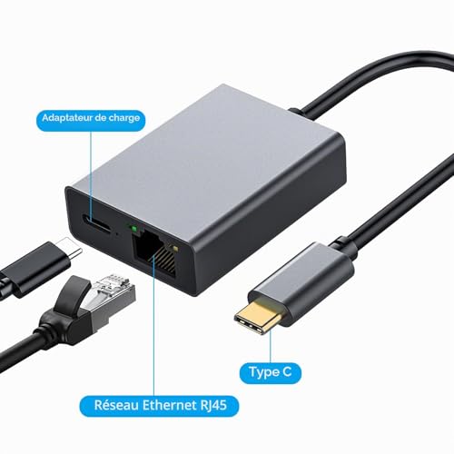 USB C to RJ45 Ethernet 1000Mbps Chromecast Charging Adapter (up to 100W Power) for Chromecast Phone Mac-Book Air Mac-Book Pro & Windows with Charging Port