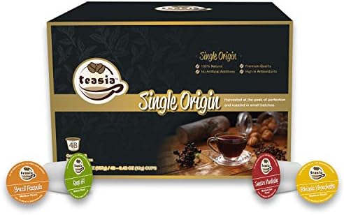 Teasia Brand Coffee Pods, Single Origin Variety Sampler Pack, Medium to Medium Dark Roast, Single Serving GMO-free Capsules (48-count)