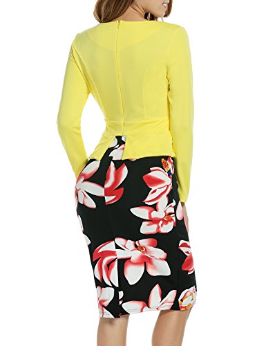 Print Cotton Peplum Bodycon Office Dress เดรส แฟชั่นชุดทำงาน ANGVNS ผู้หญิง Keyhole Neck Floral