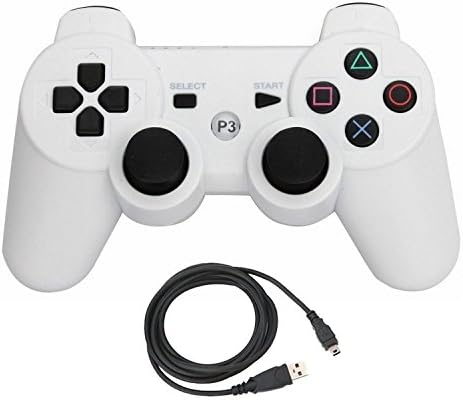 Wireless Bluetooth Game Controller for Playstation 3 with Charge Cable Replacement for PS3 Controller (White)