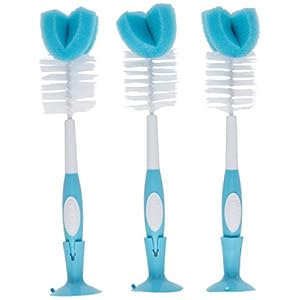 Dr. Brown’s Reusable Sponge Baby Bottle Cleaning Brush Set with Suction Cup Stand, Scrubber and Nipple Cleaner, Blue, 3…